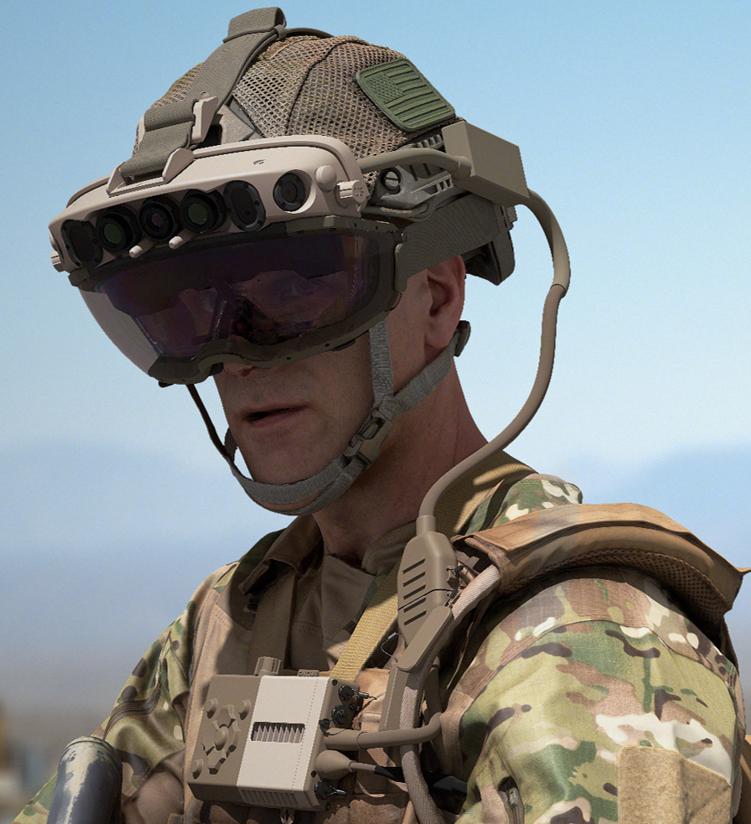 Closeup photo of a soldier wearing a mixed-reality headset.