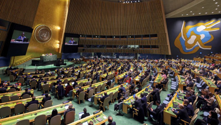 A general view of an emergency special session of the U.N. General Assembly on Russia's invasion of Ukraine, at the United Nations headquarters in New York City, New York, US April 7, 2022.