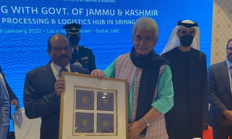 Indian-occupied Kashmir Lieutenant Governor Manoj Sinha (R) during the signing of an MoU with Lulu Group to set up a food processing hub in Srinagar during his visit to Dubai, UAE, Jan 5. — Manoj Sinha Twitter