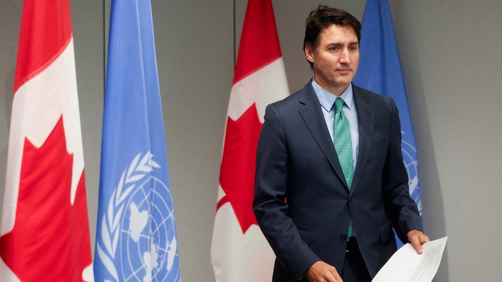 Trudeau speaks at a press conference during UNGA