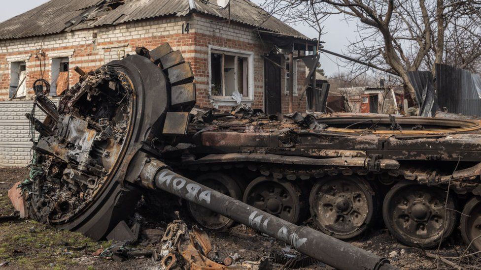 A Russian tank destroyed near Kharkiv