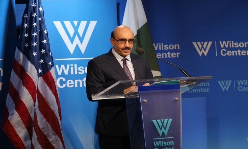 Pakistani Ambassador to the US Masood Khan addresses a conference at the Wilson Centre in Washington DC on June 26. — Photo via X/@Masood_Khan