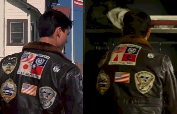 Maverick's jacket in Top Gun (left) and version seen in trailer for Top Gun: Maverick. (Screenshots from Top Gu...