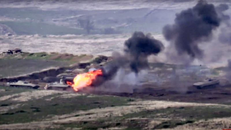 In this image taken from footage released by Armenian Defence Ministry on Sept 27, Armenian forces destroy Azerbaijani military vehicle at the contact line of the self-proclaimed Republic of Nagorno-Karabakh, Azerbaijan. — AP