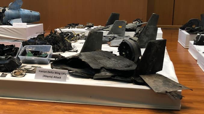 Drone wreckage including one described as an Iranian Delta Wave UAV, foreground, from the attack on the Aramco Abqaiq oil refinery, sits on display during a Ministry of Defense news conference in Riyadh, Saudi Arabia, on Wednesday, Sept. 18, 2019. Saudi Arabia on Wednesday said the weekend attacks on the kingdoms critical oil infrastructure were unquestionably sponsored by Iran. Photographer: Vivian Nereim/Bloomberg via Getty Images