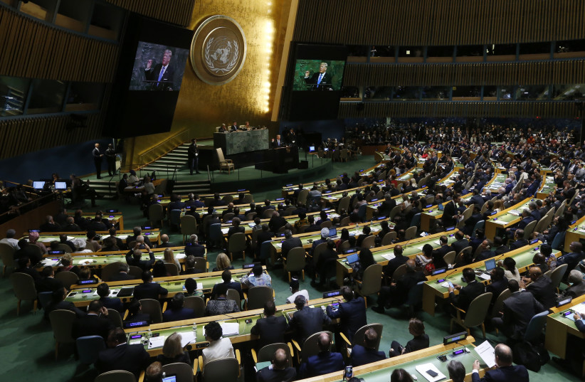 US President Donald Trump addresses the 72nd United Nations General Assembly at UN headquarters in New York, US, September 19, 2017.  (photo credit: REUTERS)