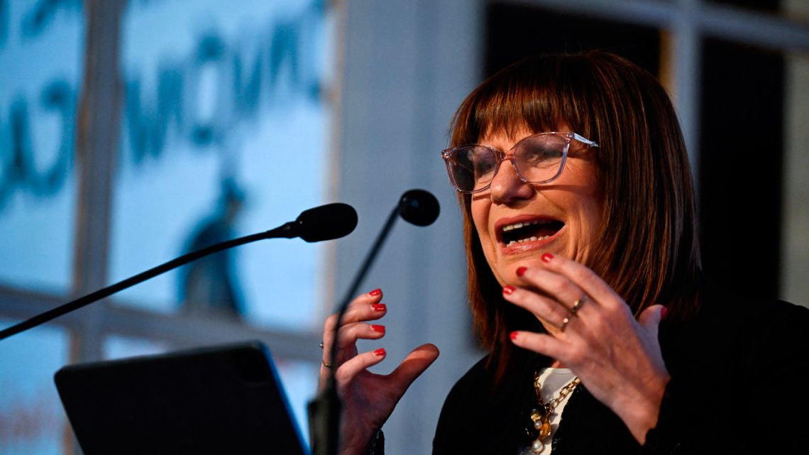 Presidential candidate for the Juntos por el Cambio coalition, Patricia Bullrich, speaks during the event '2023 Latin American Cities: Conferences Buenos Aires' in Buenos Aires on August 24, 2023.'2023 Latin American Cities: Conferences Buenos Aires' in Buenos Aires on August 24, 2023.