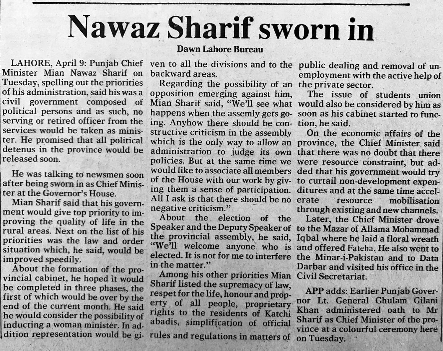 Dawn newspaper: April 9, 1985