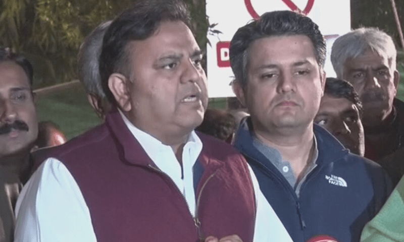 <p>PTI leader Fawad Chaudhry talks to media persons in Lahore on Thursday. — DawnNewsTV</p>