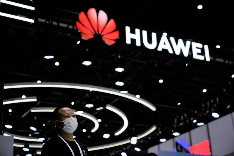 A Huawei sign is seen at the World AI Conf in Shanghai