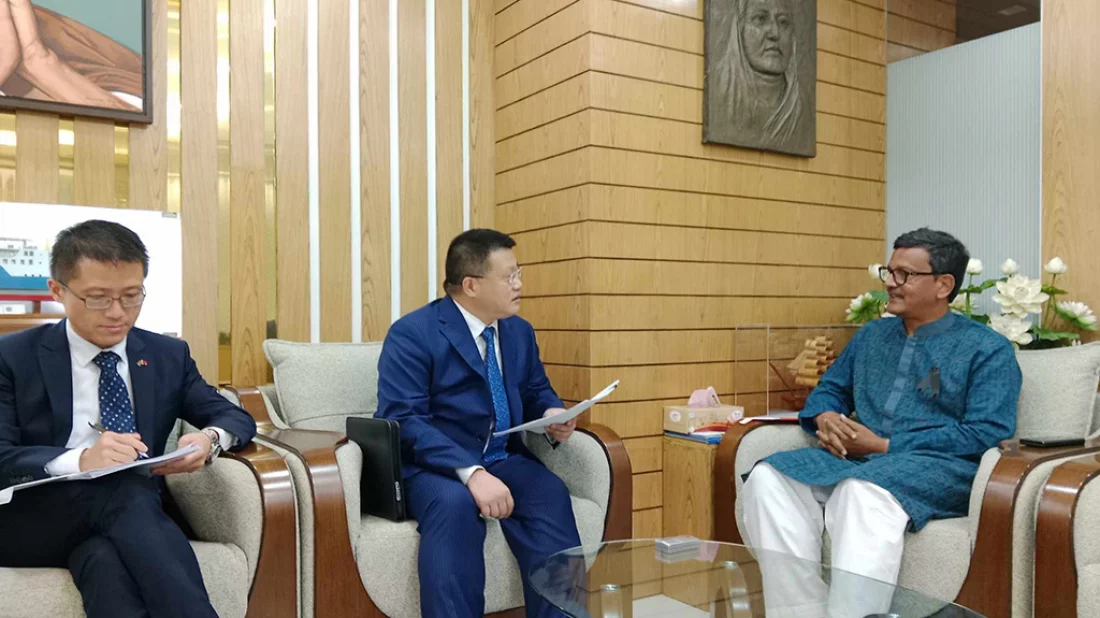 Chinese Ambassador to Bangladesh Yao Wen meet with State Minister for Shipping Khalid Mahmud Chowdhury in Dhaka on Wednesday, August 23, 2023.  Photo: Collected