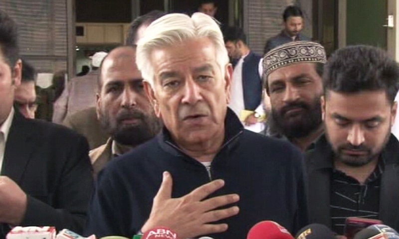  The photo shows Defence Minister Khawaja Asif speaking outside the apex court on Friday. — DawnNewsTV