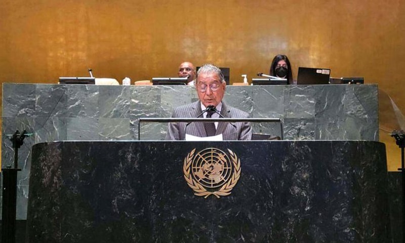 Ambassador Munir Akram, who is the permanent representative of Pakistan to the United Nations, addresses the General Assembly session on Tuesday. — APP