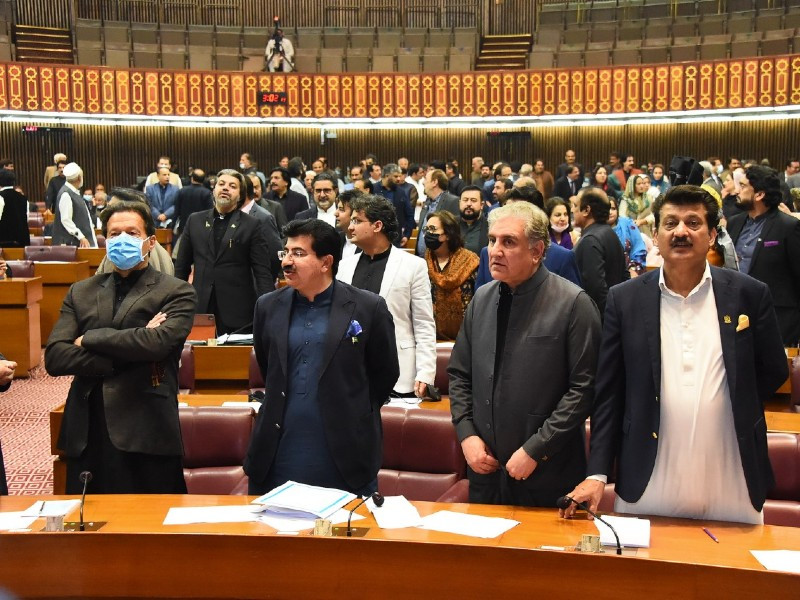former pm imran khan alongside other pti lawmakers in national assembly on march 22 2022 photo radio pakistan