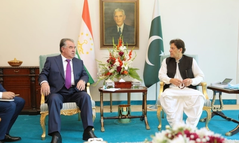 Tajik President Emomali Rahmon (L) and Prime Minister Imran Khan hold a meeting in Islamabad. — Picture courtesy Foreign Office