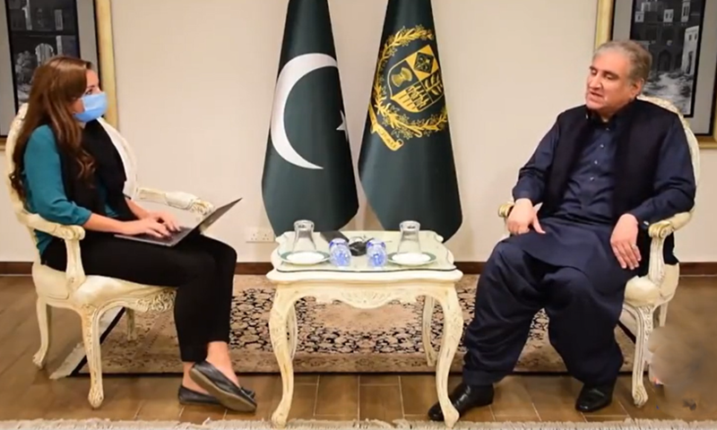 Foreign Minister Shah Mahmood Qureshi in an interview with Bel Trew of The Independent. — Screengrab