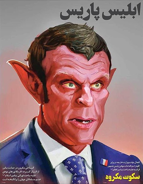 Vatan-e Emrooz front page cartoon of Macron