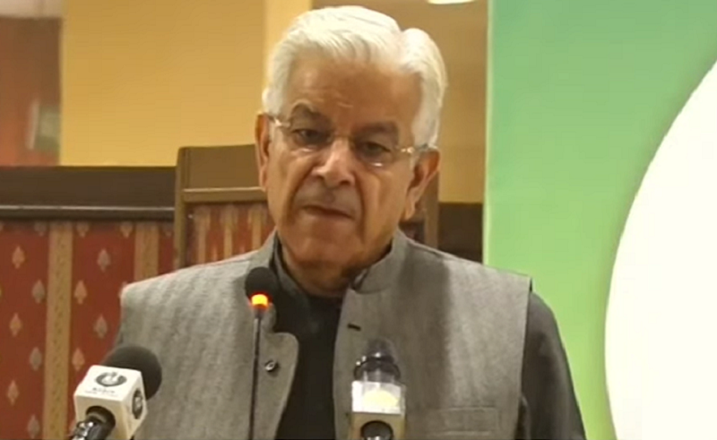 Defence Minister Khawaja Asif addresses a seminar in Lahore on Monday. — DawnNewsTV