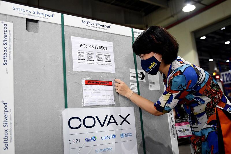 A container of the first shipment of the AstraZeneca vaccine as part of the UN global Covax programme, arrives in Hanoi on April 1. 