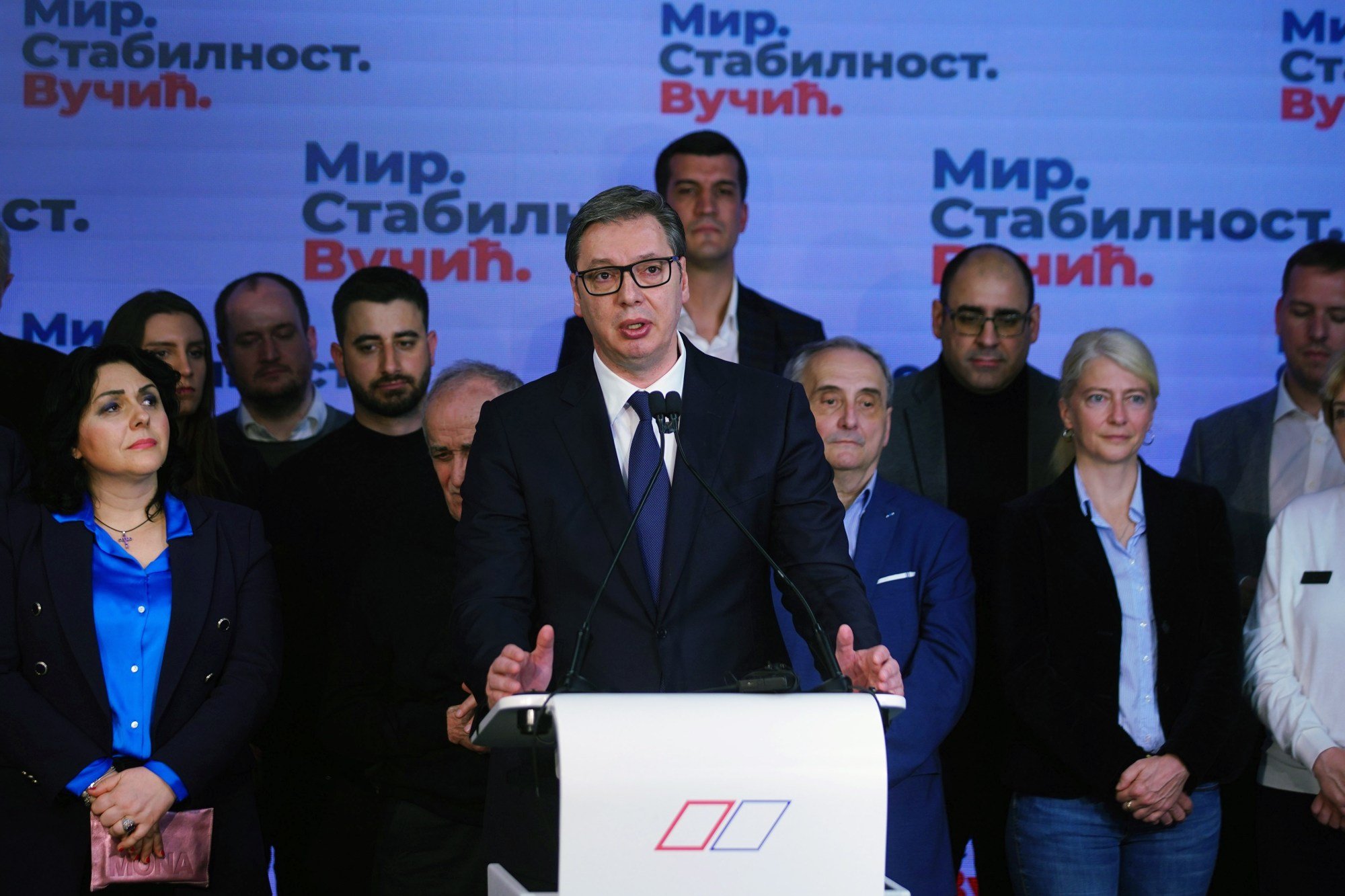 Serbian President Aleksandar Vucic speaks at election night event at his party headquarters in Belgrade on Sunday. Photo: Bloomberg