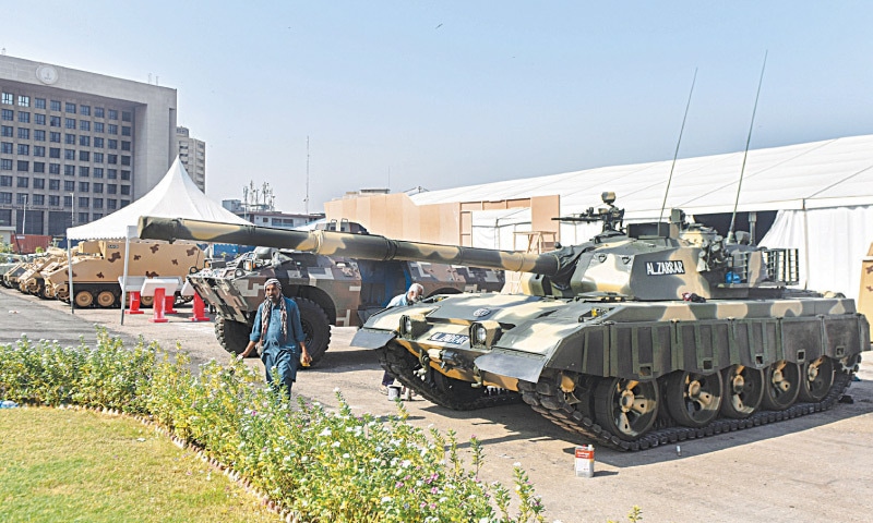 Armoured vehicles on display at Expo Centre ahead of IDEAS on Saturday.—White Star