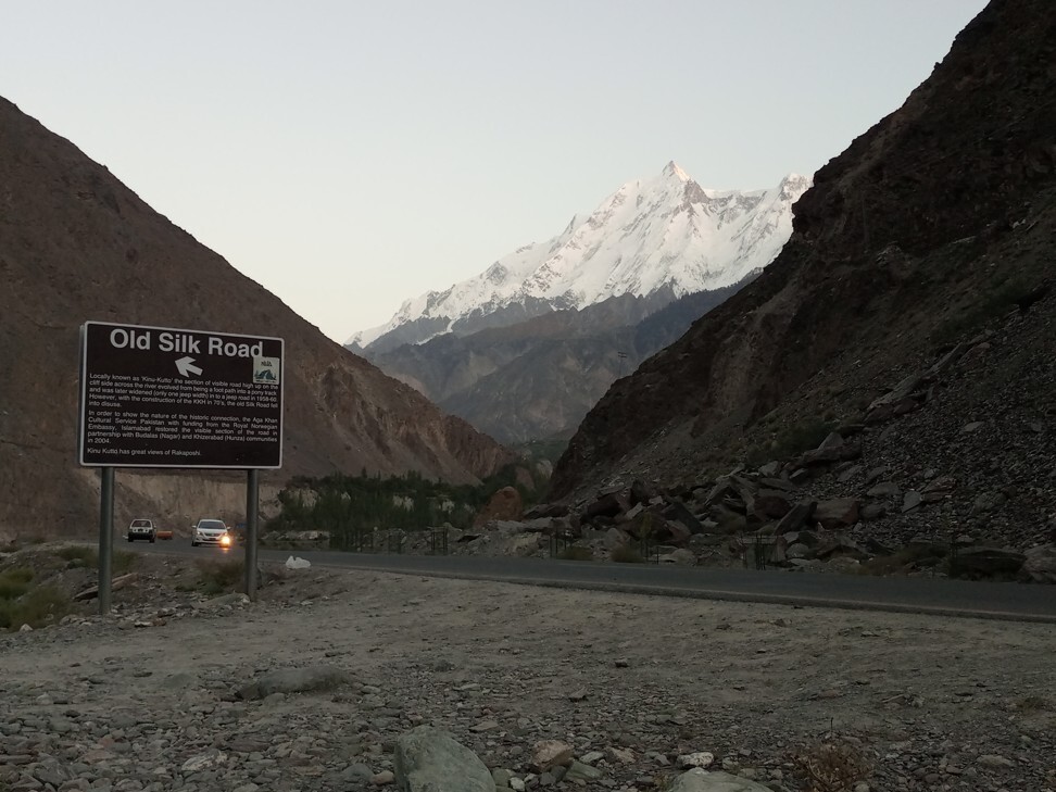 A signboard on the modern-day Karakorum Highway in GB points to a section of the ancient Silk Road connecting China and Pakistan. Photo: Tom Hussain