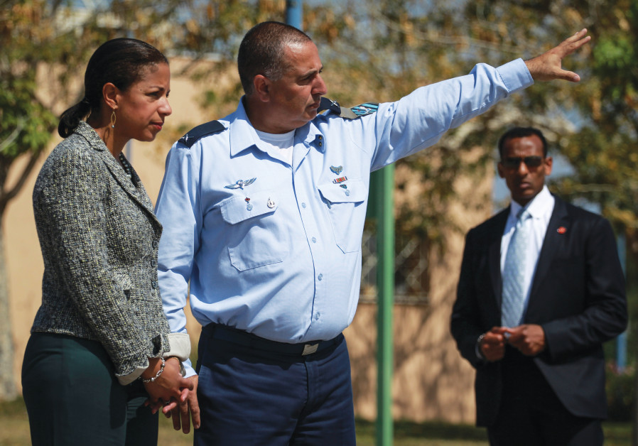  SHACHAR SHOHAT, then head of the Air Force’s Aerial Defense Unit, accompanies US national security advisor Susan Rice on a 2014 visit to Palmachim Air Force Base. (Photo Credit: HADAS PARUSH/FLASH90) 