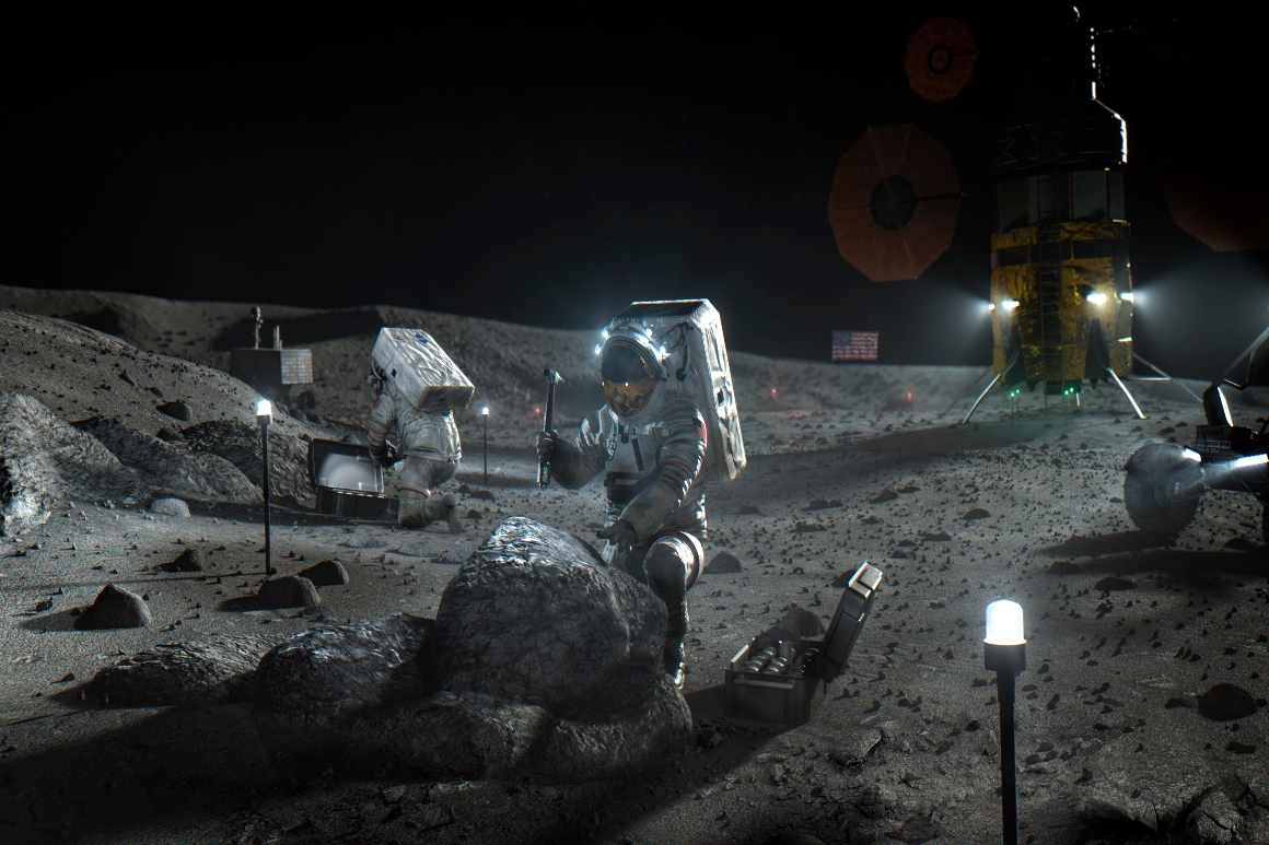 This illustration made available by NASA depicts Artemis astronauts on the moon.