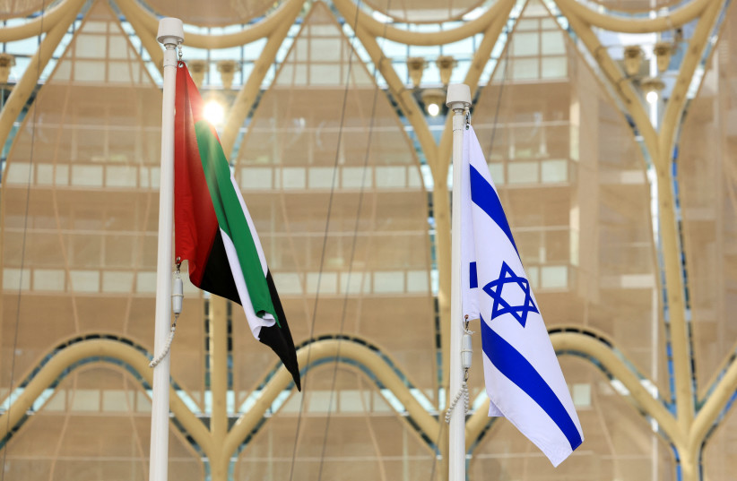  Flags of United Arab Emirates and Israel flutter during Israel's National Day ceremony at Expo 2020 Dubai, in Dubai (photo credit: REUTERS/CHRISTOPHER PIKE)'s National Day ceremony at Expo 2020 Dubai, in Dubai (photo credit: REUTERS/CHRISTOPHER PIKE)