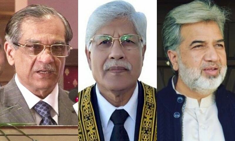 A combination photo of former chief justice of Pakistan Mian Saqib Nisar (L), former chief judge of Gilgit-Baltistan Rana Mohammad Shamim Ahmed Khan (C) and journalist Ansar Abbasi (R). — DawnNews/DawnNewsTV/Ansar Abbasi Twitter