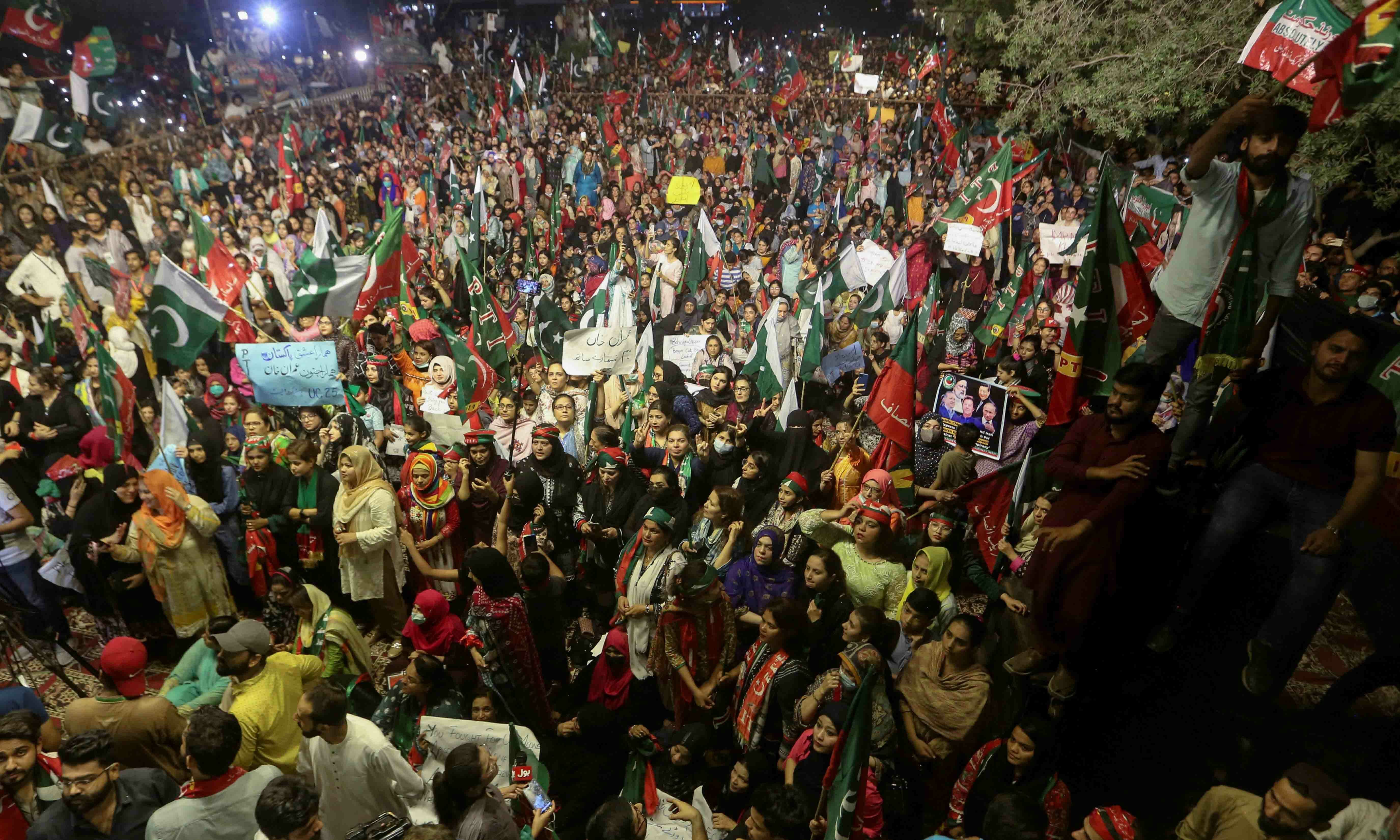 PTI supporters rally in support of former prime minister Imran Khan in Karachi on April 10. — Reuters
