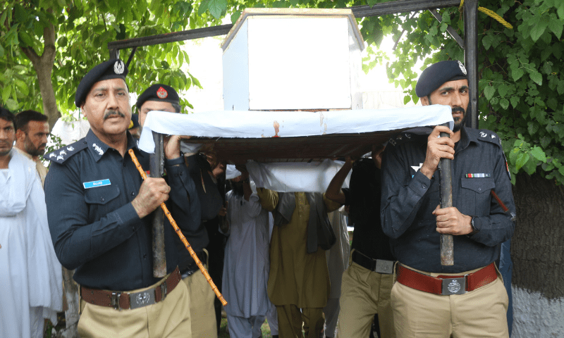 Funeral prayers were offered at Bannu Police Lines on May 1 for three CTD police personnel martyred during an exchange of fire. — Photo via Umar Bacha