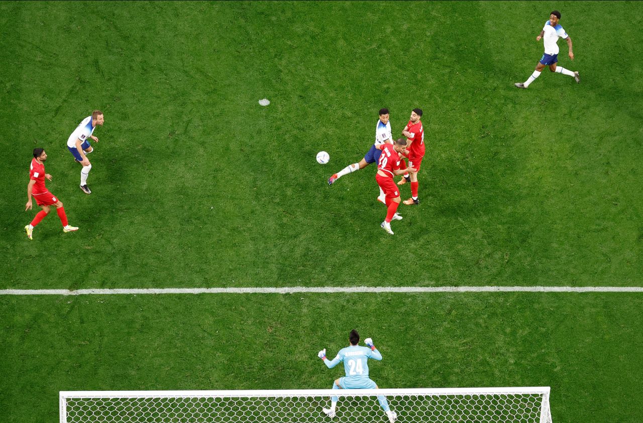 Jude Bellingham scores England's first goal against Iran.