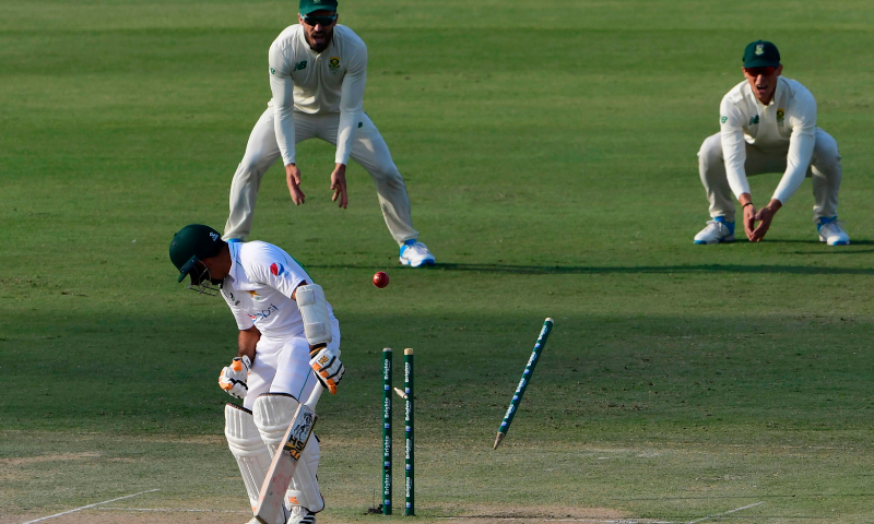 Abid Ali is bowled out by South Africa's Kagiso Rabada (unseen) during the first day of the first Test between Pakistan and South Africa at the National Stadium in Karachi on January 26. — AFP