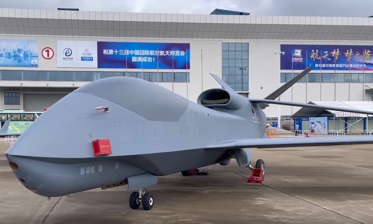 The Chinese People’s Liberation Army Air Force displays for the first time the WZ-7 high-altitude reconnaissance drone at the Airshow China 2021 in Zhuhai, South China’s Guangdong Province, from September 28 to October 3. Photo: Screenshot from China Central Television.