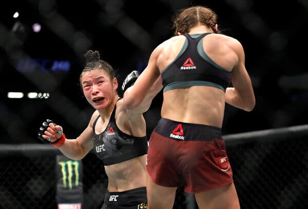 Ms. Zhang defending her Ultimate Fighting Championship title (successfully) against Joanna Jedrzejczyk of Poland in Las Vegas last year.