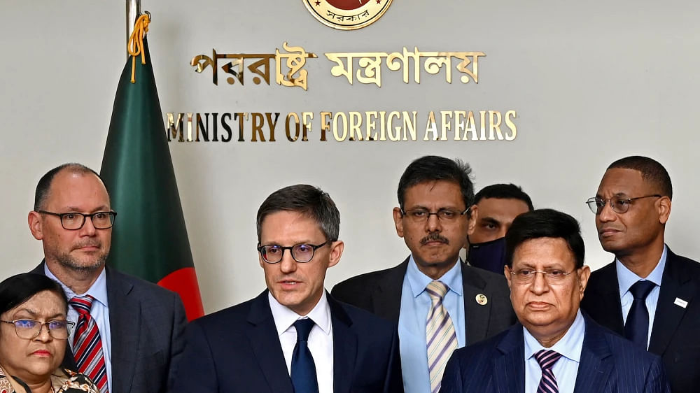 US State Department Counselor Derek Chollet speaks at a joint press conference with Bangladeshi Foreign Minister A.K. Abdul Momen in Dhaka, Bangladesh, on on 15 February. 
