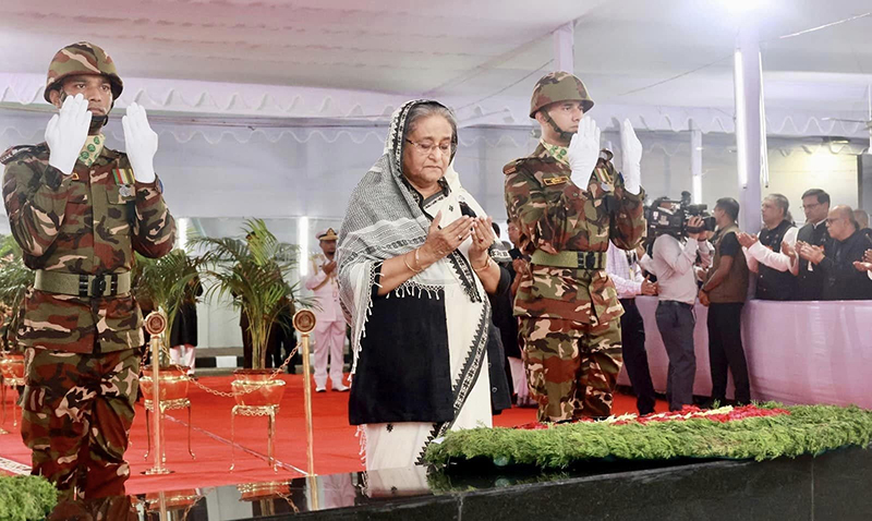 Sheikh Hasina paying respects to the Father of the Nation Bangabandhu Sheikh Mujibur Rahman on Aug 15 marking the National Mourning Day. Photo courtesy: Awami League X