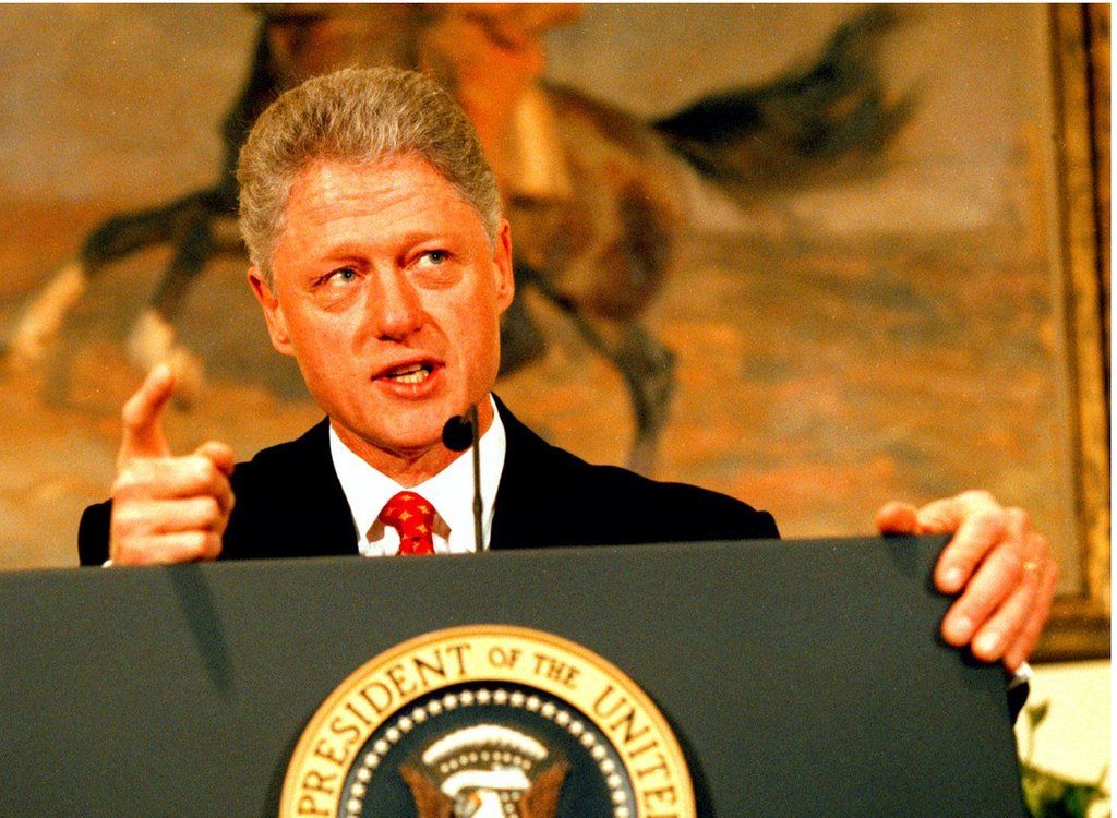 Bill Clinton wags his finger as he denies having sexual relations with that woman, Miss Lewinsky in a January 1998 press conference