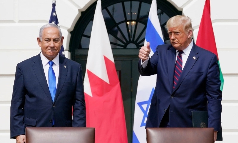 In this file photo, US President Donald Trump and Israeli Prime Minister Benjamin Netanyahu attend the Abraham Accords signing ceremony on the South Lawn of the White House, in Washington, Sept15, 2020. — AP