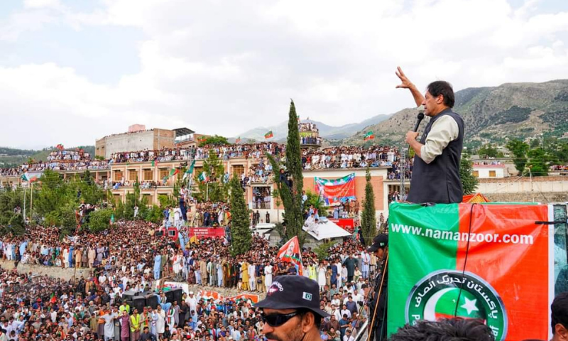 PTI Chairman Imran Khan addresses a rally in Dir on Saturday. — Photo via PTI Twitter