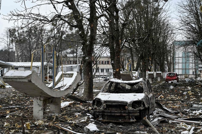 A military facility was destroyed by shelling in the city of Brovary outside Kyiv on March 1.