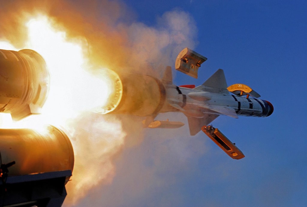 View from the rear of an Exocet antiship missile fired from a surface ship.