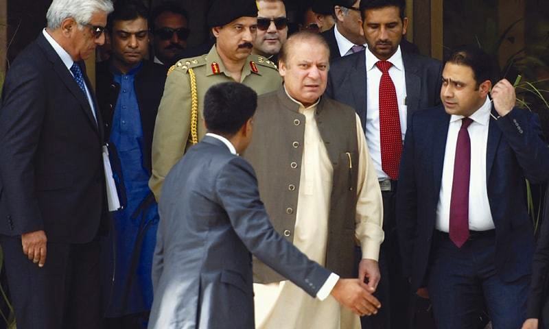 Nawaz Sharif leaves the JIT’s offices in the Federal Judicial Academy after his appearance before the investigators. — File