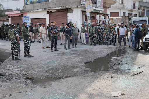 Security personnel near the spot after an encounter with militants at Sunjawan in Jammu on Friday. (PTI)  