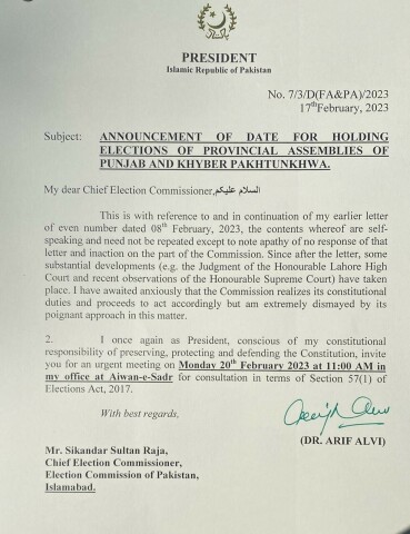  A copy of the letter President Arif Alvi sent to Chief Election Commissioner Sikandar Sultan Raja. — provided by Irfan Sadozai