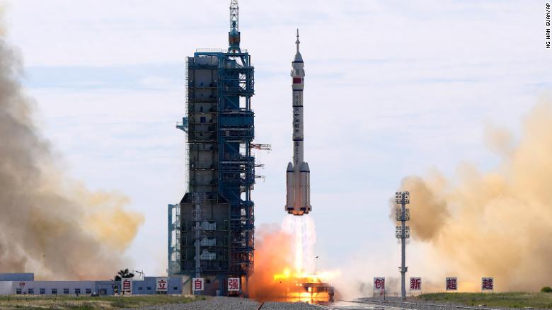 A Long March-2F rocket carrying a crew of Chinese astronauts in a Shenzhou-12 spaceship lifts off at the Jiuquan Satellite Launch Center in Jiuquan, northwestern China, on June 17, 2021.