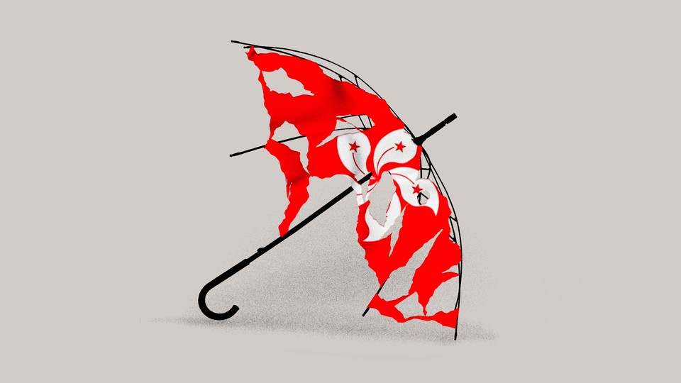 Illustration of a tattered umbrella with Hong Kong flag.