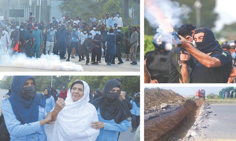  (CLOCKWISE from top left) PTI workers throw back tear gas shells fired at them by police trying to stop their advance on D-Chowk in Islamabad; a trench is dug on the M1 motorway near Hassanabdal to prevent marchers from advancing; while Imran Khan’s sister Aleema is taken away by policewomen from the site of a protest in the capital, on Friday.— Mohammad Asim / White Star / AFP / Dawn 