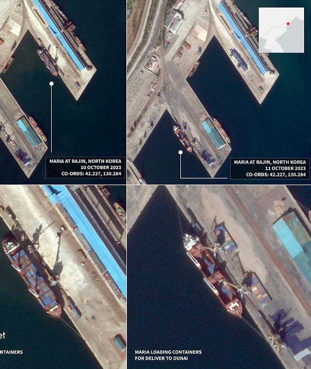 Die Container werden in Nordkorea auf das russische Schiff Maria geladen